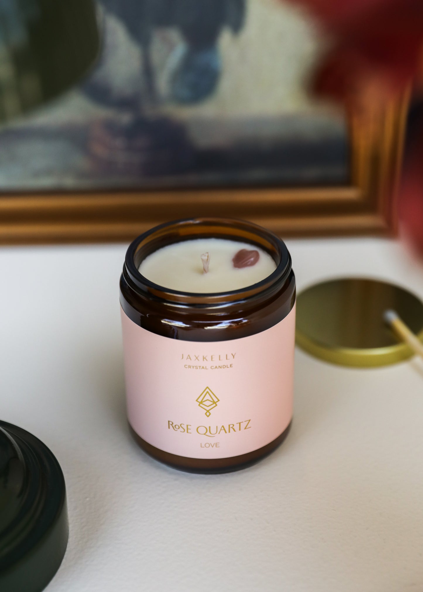 9oz Amber Crystal Candle - Rose Quartz - Love
