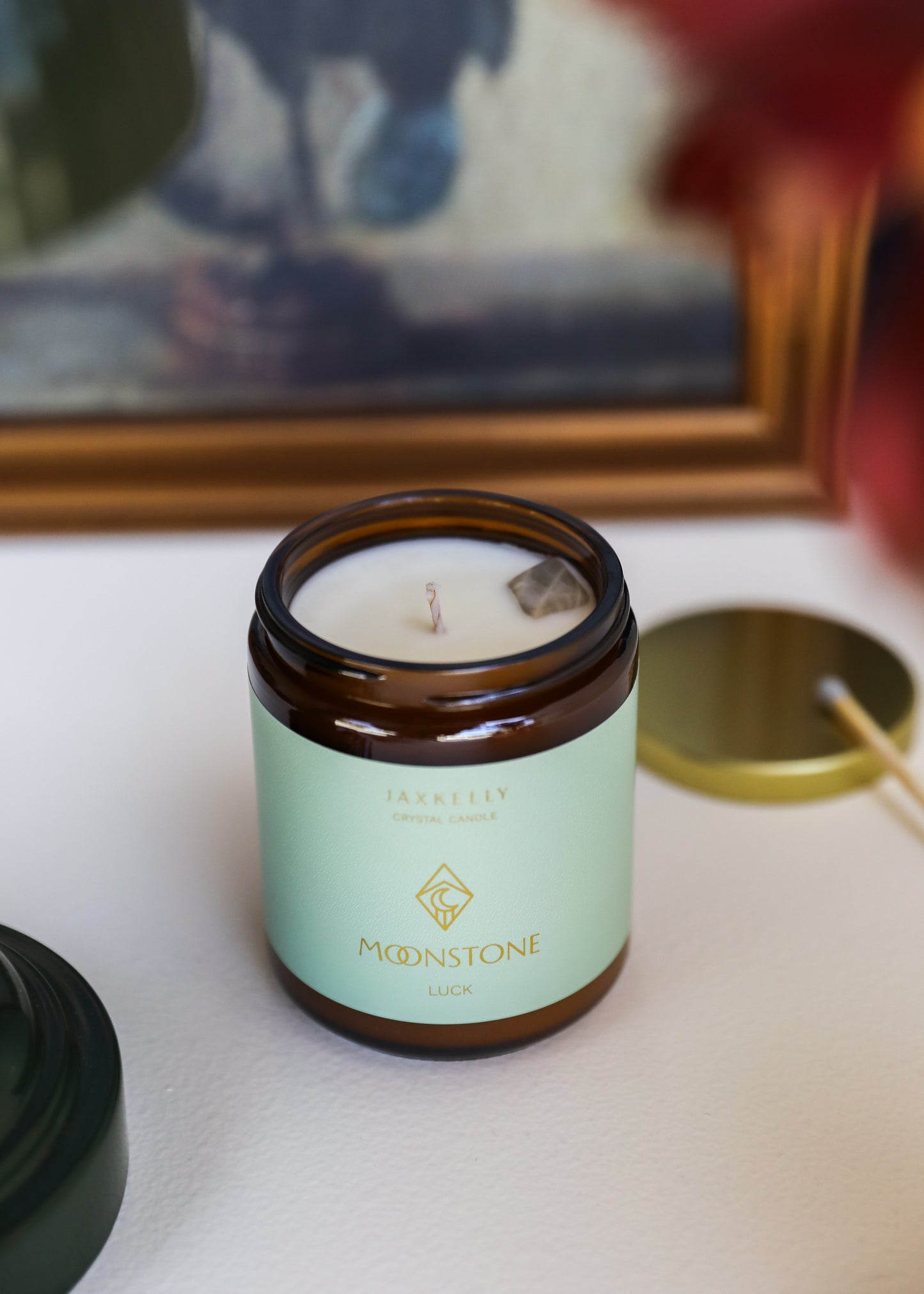 9oz Amber Crystal Candle - Moonstone - Good Luck