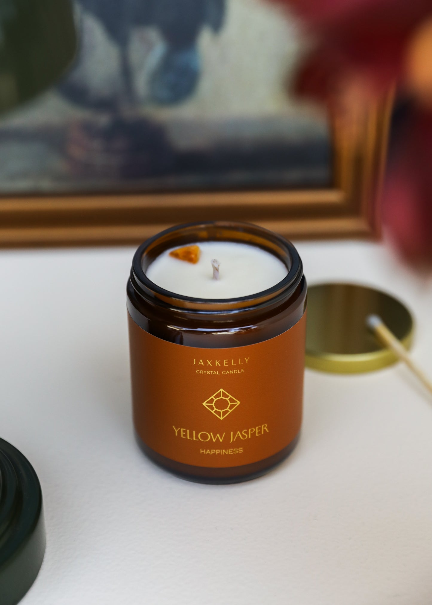 9oz Amber Crystal Candle - Yellow Jasper - Happiness