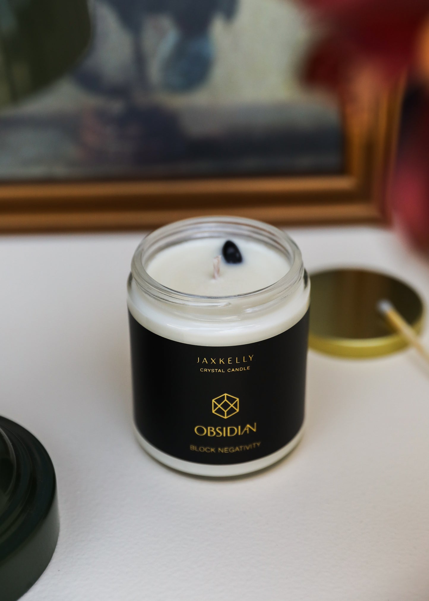 9oz - Clear Crystal Candle - Obsidian - Block Negativity