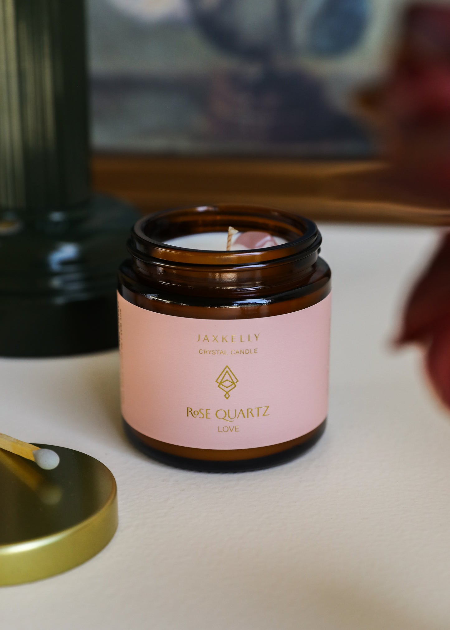 4oz - Amber Crystal Candle - Rose Quartz - Love