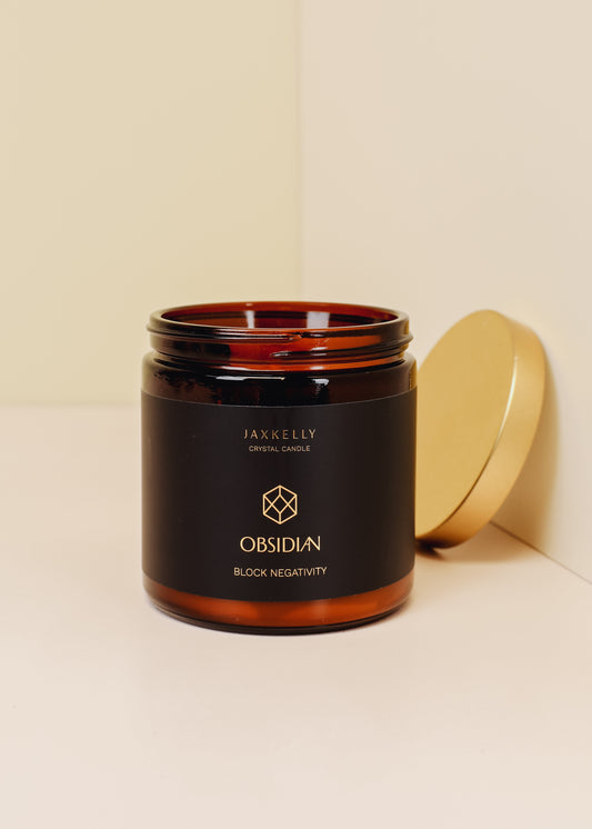 16oz Amber Crystal Candles - Obsidian - Block Negativity