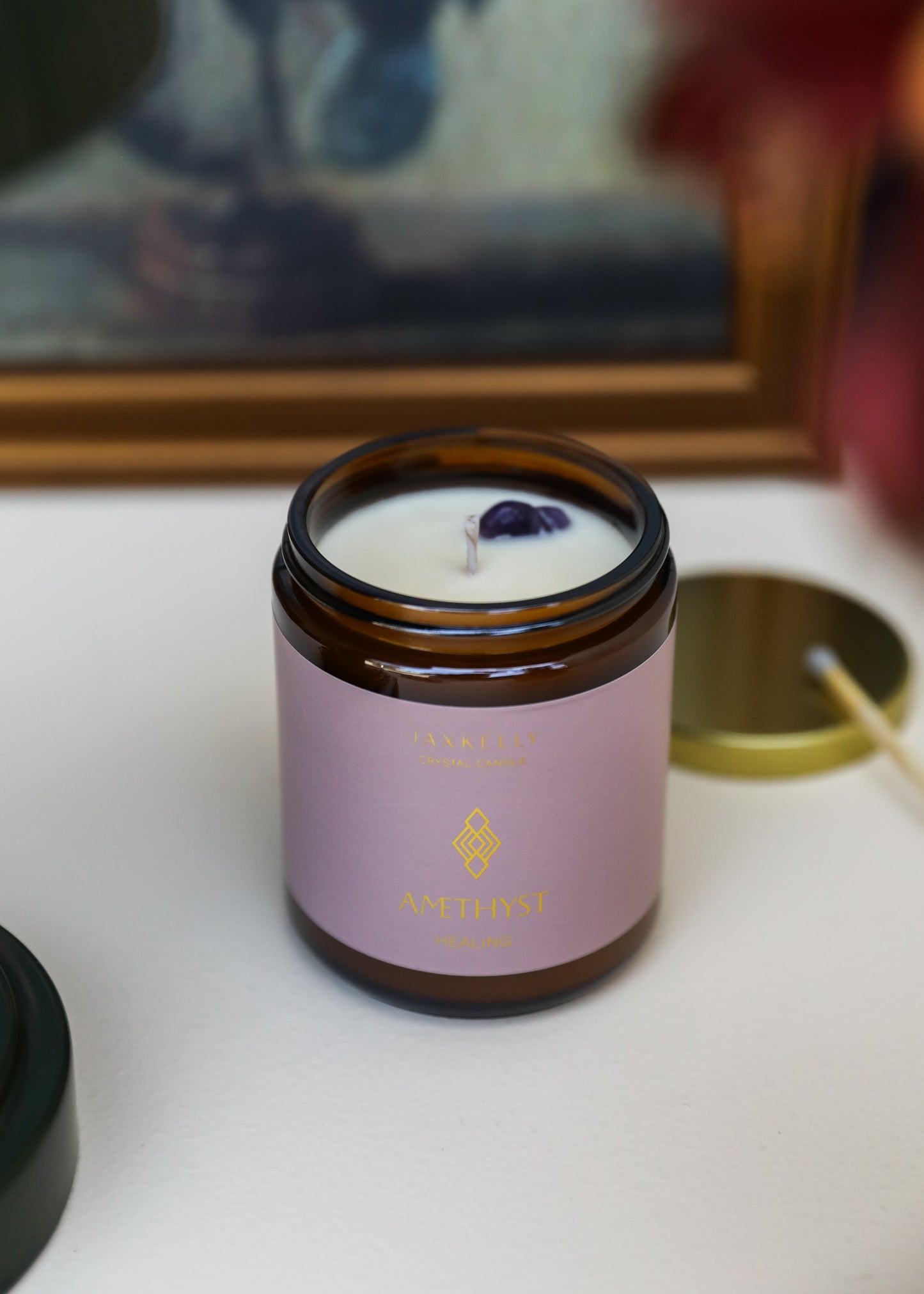 9oz Amber Crystal Candle - Amethyst - Healing